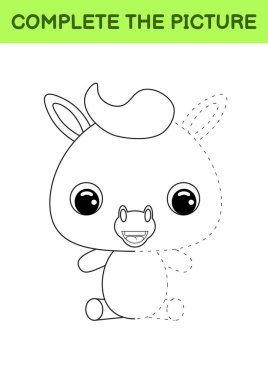 Şirin bir atın resmi. Boyama kitabı. Nokta kopyalama oyunu. El yazısı pratiği, çizim becerileri eğitimi. Eğitim, basılabilir çalışma tablosu geliştiriyor. Etkinlik sayfası. Vektör illüstrasyonu.