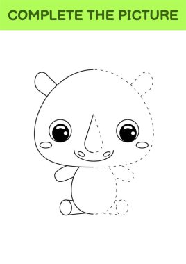 Tatlı gergedanın çizilmiş resmi. Boyama kitabı. Nokta kopyalama oyunu. El yazısı pratiği, çizim becerileri eğitimi. Eğitim, basılabilir çalışma tablosu geliştiriyor. Etkinlik sayfası. Vektör illüstrasyonu.