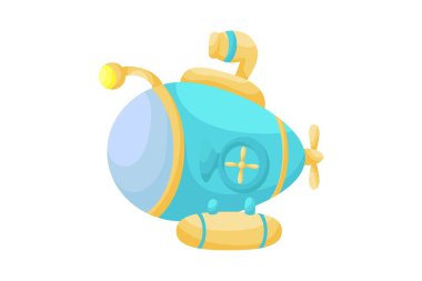 Beyaz arka planda periskobu olan sevimli mavi denizaltı. Çocuk kartları için çizgi film taşımacılığı, bebek partisi, doğum günü davetiyesi, ev içi. Suyun altında parlak renkli çocuksu vektör çizimi