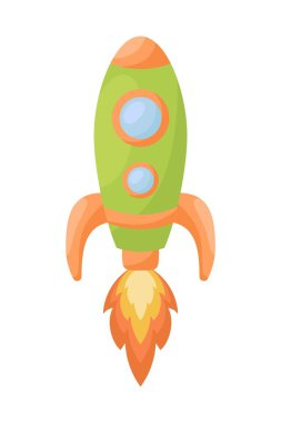 Beyaz arka planda ateş olan şirin yeşil roket. Çocuk kartları için çizgi film taşımacılığı, bebek partisi, doğum günü davetiyesi, ev içi. Çizgi film tarzında parlak renkli çocuksu vektör çizimi.