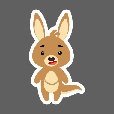 Küçük şirin kanguru çıkartması. Çocuk kartları için çizgi film karakteri, bebek partisi, doğum günü davetiyesi, ev içi. Çizgi film tarzında parlak renkli çocuksu vektör çizimi.