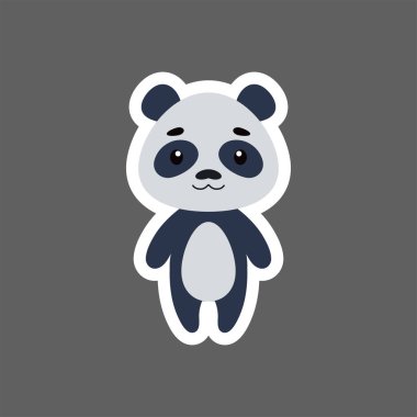 Küçük şirin panda çıkartması. Çocuk kartları için çizgi film karakteri, bebek partisi, doğum günü davetiyesi, ev içi. Çizgi film tarzında parlak renkli çocuksu vektör çizimi.