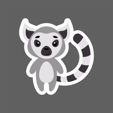 Küçük şirin lemur çıkartması. Çocuk kartları için çizgi film karakteri, bebek partisi, doğum günü davetiyesi, ev içi. Çizgi film tarzında parlak renkli çocuksu vektör çizimi.