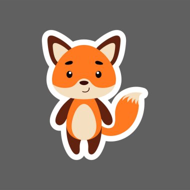 Küçük şirin tilki çıkartması. Çocuk kartları için çizgi film karakteri, bebek partisi, doğum günü davetiyesi, ev içi. Çizgi film tarzında parlak renkli çocuksu vektör çizimi.