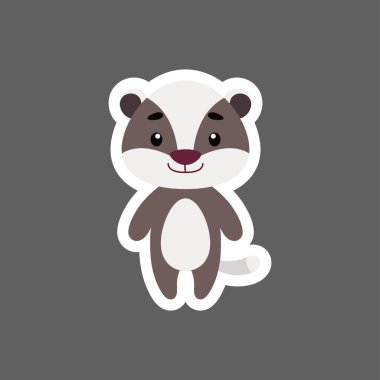 Küçük şirin bebek porsuğu çıkartması. Çocuk kartları için çizgi film karakteri, bebek partisi, doğum günü davetiyesi, ev içi. Çizgi film tarzında parlak renkli çocuksu vektör çizimi.