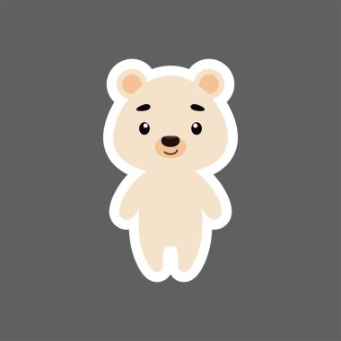 Küçük şirin kutup ayısı çıkartması. Çocuk kartları için çizgi film karakteri, bebek partisi, doğum günü davetiyesi, ev içi. Çizgi film tarzında parlak renkli çocuksu vektör çizimi.