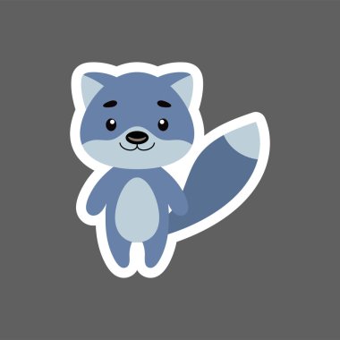 Sevimli yavru kurt çıkartması. Çocuk kartları için çizgi film karakteri, bebek partisi, doğum günü davetiyesi, ev içi. Çizgi film tarzında parlak renkli çocuksu vektör çizimi.