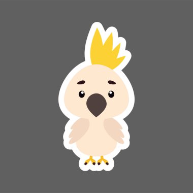 Küçük şirin papağan çıkartması. Çocuk kartları için çizgi film karakteri, bebek partisi, doğum günü davetiyesi, ev içi. Çizgi film tarzında parlak renkli çocuksu vektör çizimi.