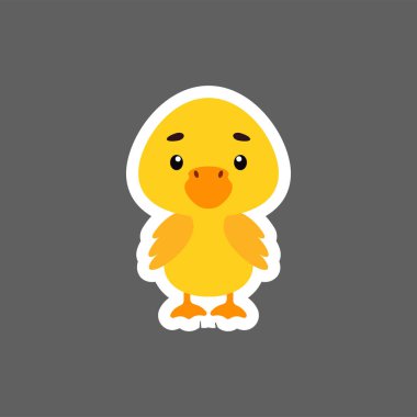 Küçük şirin ördek çıkartması. Çocuk kartları için çizgi film karakteri, bebek partisi, doğum günü davetiyesi, ev içi. Çizgi film tarzında parlak renkli çocuksu vektör çizimi.