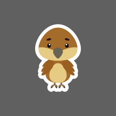 Küçük şirin serçe etiketi. Çocuk kartları için çizgi film karakteri, bebek partisi, doğum günü davetiyesi, ev içi. Çizgi film tarzında parlak renkli çocuksu vektör çizimi.