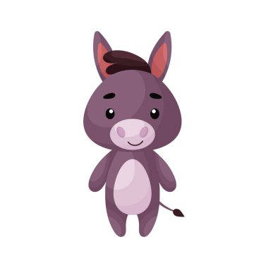 Beyaz arka planda şirin bir eşek. Çocuk kartları için çizgi film karakteri, bebek partisi, posterler, doğum günü davetiyesi, kıyafetler. Karikatür biçiminde parlak renkli çocuksu vektör çizimi.