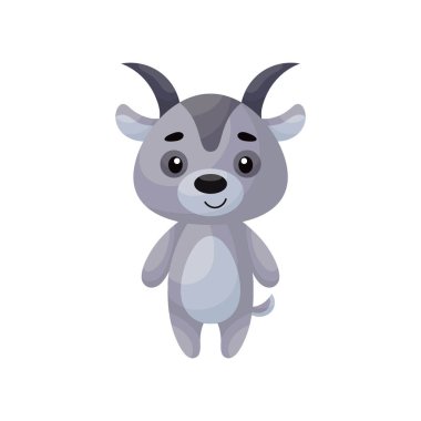 Beyaz arka planda şirin bir keçi. Çocuk kartları için çizgi film karakteri, bebek partisi, posterler, doğum günü davetiyesi, kıyafetler. Karikatür biçiminde parlak renkli çocuksu vektör çizimi.