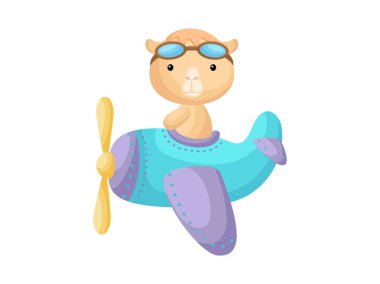 Uçak uçuran havacı gözlükleri takan küçük deve. Uçakta uçan komik bebek karakteri tebrik kartı, bebek partisi, doğum günü davetiyesi, ev içi. İzole edilmiş çizgi film vektör çizimi