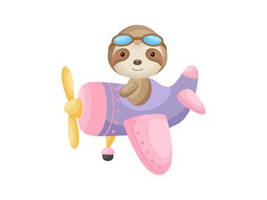 Uçak uçuran havacı gözlükleri takan küçük tembel hayvan. Uçakta uçan komik bebek karakteri tebrik kartı, bebek partisi, doğum günü davetiyesi, ev içi. İzole edilmiş çizgi film vektör çizimi