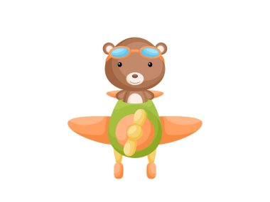 Uçak uçuran havacı gözlükleri takan küçük bir ayı. Uçakta uçan komik bebek karakteri tebrik kartı, bebek partisi, doğum günü davetiyesi, ev içi. İzole edilmiş çizgi film vektör çizimi