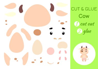 Kağıt kesme ve yapıştırma küçük inek. Çocuklar aktivite sayfası hazırlar. Anaokulu çocukları için eğitici bir oyun. Çalışma kâğıdı. Çocuklar sanat oyunu ve yapboz. Vektör stok illüstrasyonu.