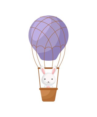 Küçük şirin tavşan mor sıcak hava balonunda uçuyor. Çocuk kitabı için çizgi film karakteri, albüm, bebek partisi, tebrik kartı, parti davetiyesi, ev içi. Vektör stok illüstrasyonu.