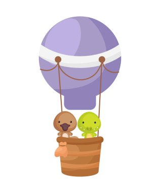 Şirin küçük ornitorenk, sıcak hava balonunda uçan timsah. Çocuk kitabı için çizgi film karakteri, albüm, bebek partisi, tebrik kartı, parti davetiyesi, ev içi. Vektör stok illüstrasyonu.