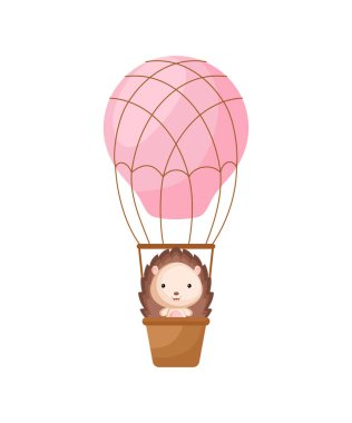 Küçük şirin kirpi pembe sıcak hava balonunda uçuyor. Çocuk kitabı için çizgi film karakteri, albüm, bebek partisi, tebrik kartı, parti davetiyesi, ev içi. Vektör stok illüstrasyonu.