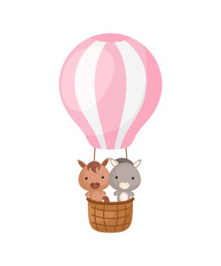 Şirin küçük eşek, pembe sıcak hava balonunda at sineği. Çocuk kitabı için çizgi film karakteri, albüm, bebek partisi, tebrik kartı, parti davetiyesi, ev içi. Vektör stok illüstrasyonu.