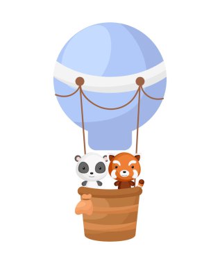 Şirin küçük kırmızı panda, mavi sıcak hava balonunda uçan panda. Çocuk kitabı için çizgi film karakteri, albüm, bebek partisi, tebrik kartı, parti davetiyesi, ev içi. Vektör stok illüstrasyonu.