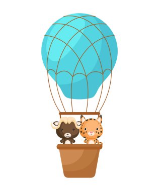 Şirin vaşak, misk öküzü mavi sıcak hava balonunda uçuyor. Çocuk kitabı için çizgi film karakteri, albüm, bebek partisi, tebrik kartı, parti davetiyesi, ev içi. Vektör stok illüstrasyonu.