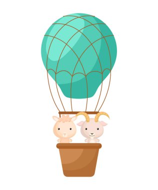 Şirin küçük keçi, alpaka yeşil sıcak hava balonunda uçuyor. Çocuk kitabı için çizgi film karakteri, albüm, bebek partisi, tebrik kartı, parti davetiyesi, ev içi. Vektör stok illüstrasyonu.