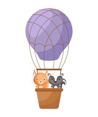 Şirin küçük sincap, kokarca mor sıcak hava balonunda uçuyor. Çocuk kitabı için çizgi film karakteri, albüm, bebek partisi, tebrik kartı, parti davetiyesi, ev içi. Vektör stok illüstrasyonu.