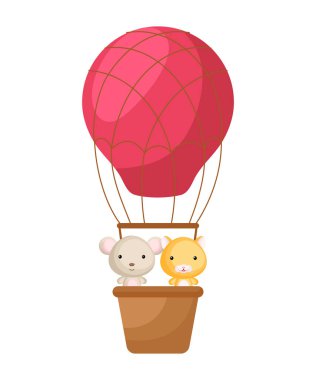 Şirin küçük fare, kırmızı sıcak hava balonunda uçan hamster. Çocuk kitabı için çizgi film karakteri, albüm, bebek partisi, tebrik kartı, parti davetiyesi, ev içi. Vektör stok illüstrasyonu.