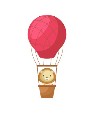 Küçük tatlı aslan kırmızı sıcak hava balonunda uçuyor. Çocuk kitabı için çizgi film karakteri, albüm, bebek partisi, tebrik kartı, parti davetiyesi, ev içi. Vektör stok illüstrasyonu.