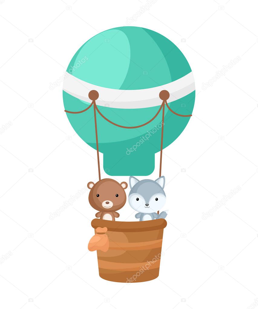 Cute little bear, wolf on green hot air balloon. Cartoon character for childrens book, album, baby shower, greeting card, party invitation, house interior. Vector stock illustration.