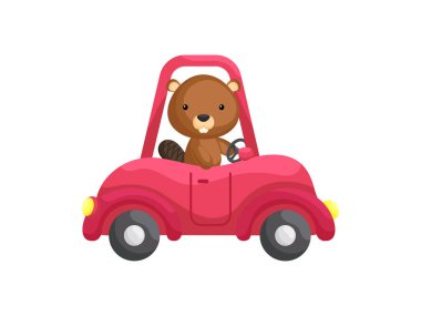 Kırmızı araba kullanan sevimli küçük kunduz. Çocuk kitabı için çizgi film karakteri, albüm, bebek partisi, tebrik kartı, parti davetiyesi, ev içi. Vektör stok illüstrasyonu.