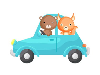 Şirin küçük sincap ve ayı turkuaz araba kullanıyor. Çocuk kitabı için çizgi film karakteri, albüm, bebek partisi, tebrik kartı, parti davetiyesi, ev içi. Vektör stok illüstrasyonu.