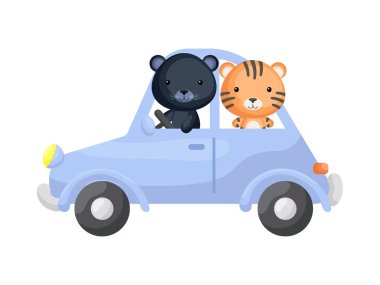 Mavi araba süren şirin bir kaplan ve panter. Çocuk kitabı için çizgi film karakteri, albüm, bebek partisi, tebrik kartı, parti davetiyesi, ev içi. Vektör stok illüstrasyonu.