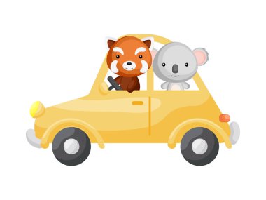 Şirin küçük koala ve sarı araba süren kırmızı panda. Çocuk kitabı için çizgi film karakteri, albüm, bebek partisi, tebrik kartı, parti davetiyesi, ev içi. Vektör stok illüstrasyonu.