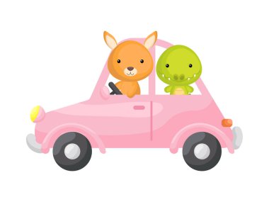Cute little crocodile and kangaroo driving pink car. Cartoon character for childrens book, album, baby shower, greeting card, party invitation, house interior. Vector stock illustration.