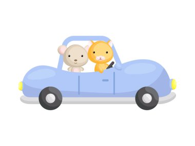 Cute little mouse and hamster driving blue car. Cartoon character for childrens book, album, baby shower, greeting card, party invitation, house interior. Vector stock illustration.