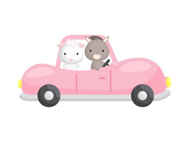 Cute little sheep and donkey driving pink car. Cartoon character for childrens book, album, baby shower, greeting card, party invitation, house interior. Vector stock illustration.