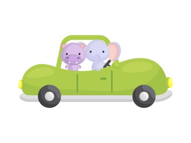 Cute little hippo and elephant driving green car. Cartoon character for childrens book, album, baby shower, greeting card, party invitation, house interior. Vector stock illustration.