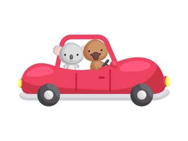 Cute little koala and platypus driving red car. Cartoon character for childrens book, album, baby shower, greeting card, party invitation, house interior. Vector stock illustration.