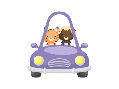 Cute little lynx and musk-ox driving purple car. Cartoon character for childrens book, album, baby shower, greeting card, party invitation, house interior. Vector stock illustration.