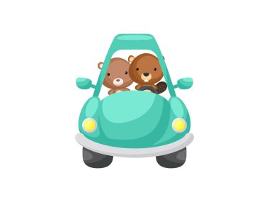 Cute little bear and beaver driving emerald car. Cartoon character for childrens book, album, baby shower, greeting card, party invitation, house interior. Vector stock illustration.