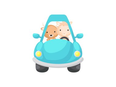 Cute little yak and alpaca driving turquoise car. Cartoon character for childrens book, album, baby shower, greeting card, party invitation, house interior. Vector stock illustration.