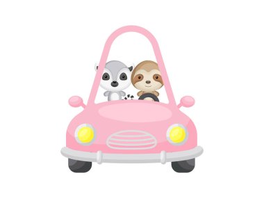 Şirin küçük lemur ve pembe araba süren tembel hayvan. Çocuk kitabı için çizgi film karakteri, albüm, bebek partisi, tebrik kartı, parti davetiyesi, ev içi. Vektör stok illüstrasyonu.
