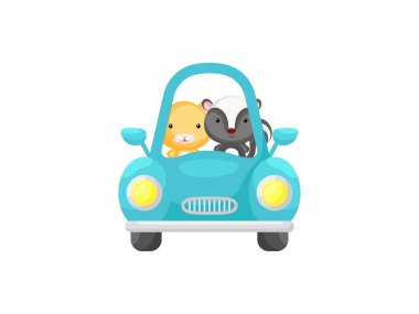 Şirin küçük hamster ve turkuaz araba süren kokarca. Çocuk kitabı için çizgi film karakteri, albüm, bebek partisi, tebrik kartı, parti davetiyesi, ev içi. Vektör stok illüstrasyonu.