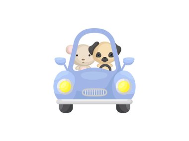 Mavi araba kullanan şirin küçük fare ve pug dog. Çocuk kitabı için çizgi film karakteri, albüm, bebek partisi, tebrik kartı, parti davetiyesi, ev içi. Vektör stok illüstrasyonu.