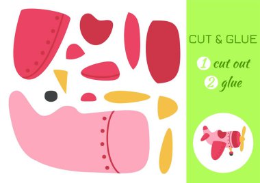 Çizgi film pembe uçağını kes ve yapıştır. Kes ve yapıştır faaliyet sayfası. Anaokulu çocukları için eğitici bir oyun. Çalışma kâğıdı. Çocukların mantık oyunu, aktiviteler yap-boz. Vektör stok illüstrasyonu.