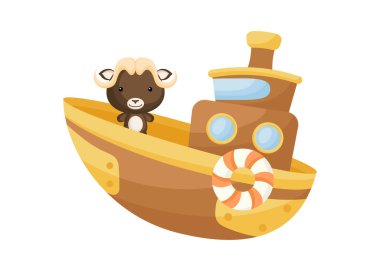 Şirin küçük misk öküzü kahverengi gemide yelken açıyor. Çocuk kitabı için çizgi film karakteri, albüm, bebek partisi, tebrik kartı, parti davetiyesi, ev içi. Vektör stok illüstrasyonu.