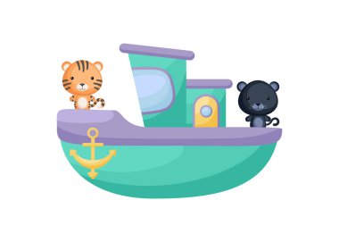 Küçük sevimli kaplan ve panter zümrüt gemiyle yelken açıyorlar. Çocuk kitabı için çizgi film karakteri, albüm, bebek partisi, tebrik kartı, parti davetiyesi, ev içi. Vektör stok illüstrasyonu.