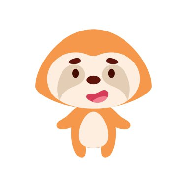 Beyaz arka planda şirin bir tembel hayvan. Çocuk kartları için çizgi film karakteri, bebek partisi, doğum günü davetiyesi, ev içi. Parlak renkli çocuksu vektör çizimi.